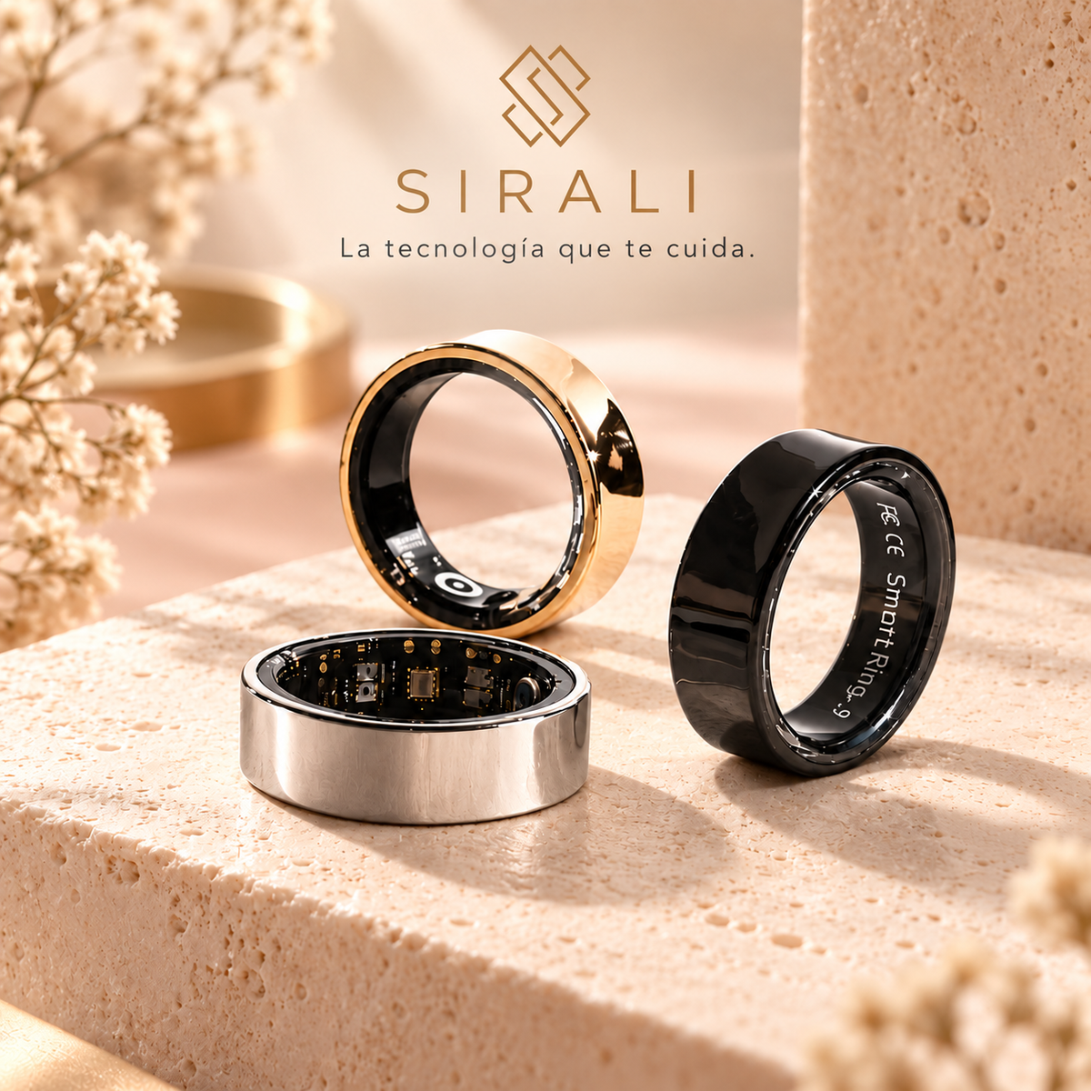 Anillos inteligentes SIRALI en negro, plata y oro